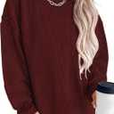 KISSMODA Women's Casual Long Sleeve Sweatshirt Color Block/Solid Crewneck Corduroy Pullover Cute Tops (Medium, A Wine Red)