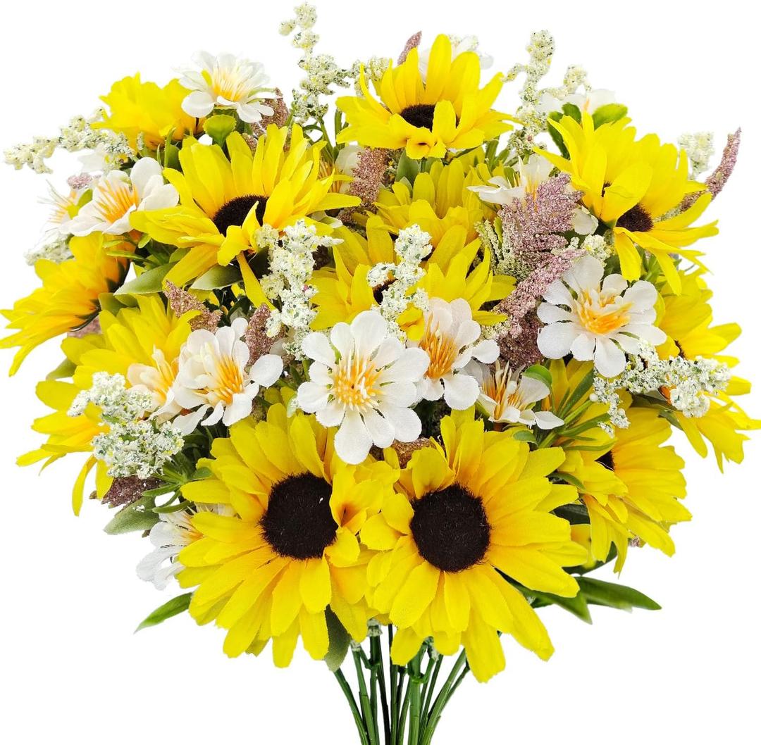 5 Bunches Artificial Sunflowers Bouquets, Fake Silk Sunflower with Faux Daisy Wildflowers Plants for Home Decor Indoor Floral Arrangements Table Centerpiece Bridal Wedding Decor (Yellow)