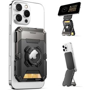 SUPCASE for MagSafe Wallet with AirTag Holder, Magnetic Airtag Wallet for Men, [Hold 5 Cards] [Adjustable Stand] [RFID Blocking] Phone Stand Card Holder Tripod for iPhone 16/15/14/13/12 Series, Black