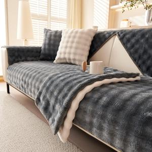 Velvet Couch Cover, Faux Fur Sofa Covers, Non-Slip Plush Couch Cover Furniture Protector (Dark Grey,36"x82"/4-stear Cover)