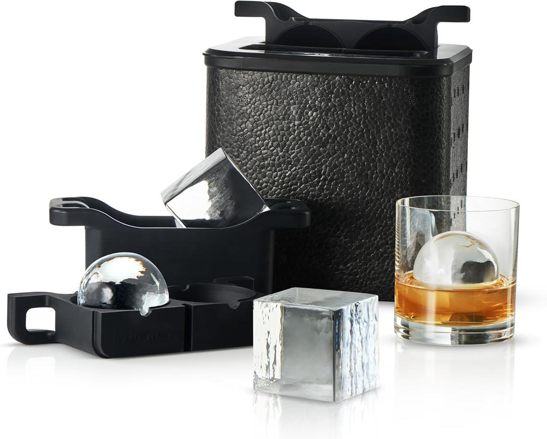 Berlinzo Clear Ice Cube Maker Mold - Combo 2+2 Crystal Clear Ice Cubes & Balls - Ice Square Maker Mold, Pure Round Ice Spheres for Whiskey, Cocktails & Bourbon (Non-electric) (Black)