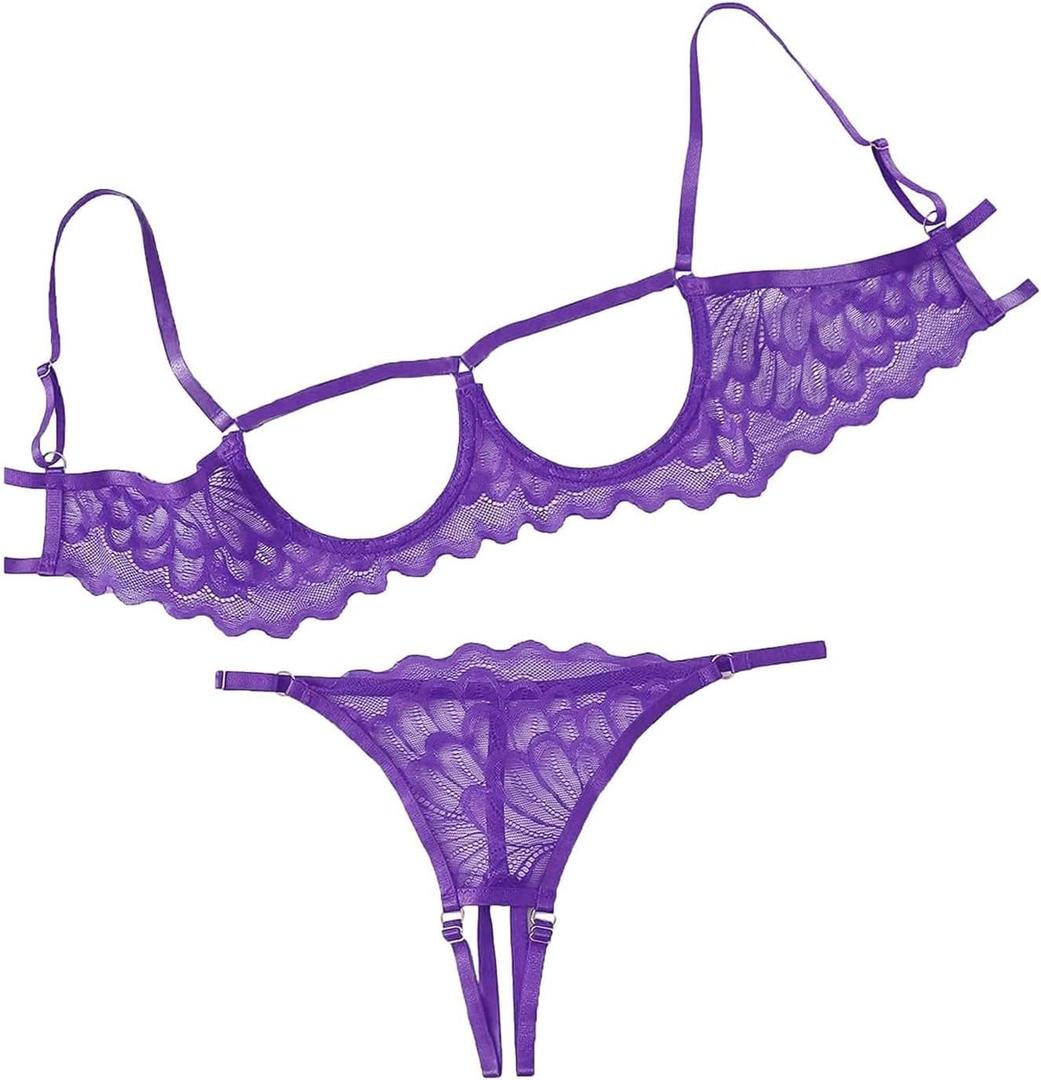 Lilosy Sexy Underwire Floral Lace Sheer Lingerie Set for Women See Through Bra and Panty 2 Piece (Large, Purple)