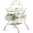 Changing Table, Portable Baby Changing Table with Wheels, Upgraded Foldable Diaper Changing Station with 5-Level Adjustable Height & Large Nursery Organizer Storage for Newborn Infant (Beige)