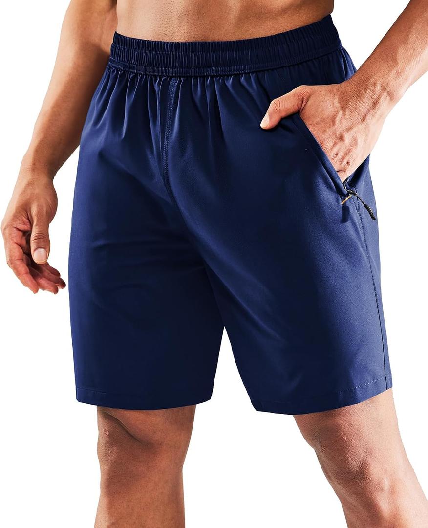 MIER Men's 7 Inch Athletic Shorts with 3 Zipper Pockets, Dry Fit | Quick-Dry Exercise Apparel for Workout, Running, Gym and Hiking, Lightweight, Elastic Waist, Recycled Polyester Fabric (Blue, XS)