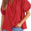 Tankaneo Womens Puff Sleeve Button Down Shirts Cotton Pleated Loose Fit Tops Summer Dressy Casual Blouses XL, Red