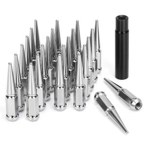 DYNOFIT 14 mm x 1.5 Wheel Spike Lug Nuts, 24 x Chrome M14x1.5 Lug Nut, Cone/Conical Bulge Seat, Silver Closed End Nuts with 1 Socket Key Compatible with Chevy Silverado 1500 Aftermarket Wheel