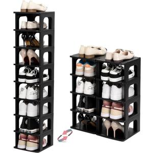 TRZZ 10-Tier Small Shoe Rack, Vertical Narrow Stackable Organizer with Removable Partition, Efficient Shoe Storage for Closet, Entryway, and Small Spaces (Black)