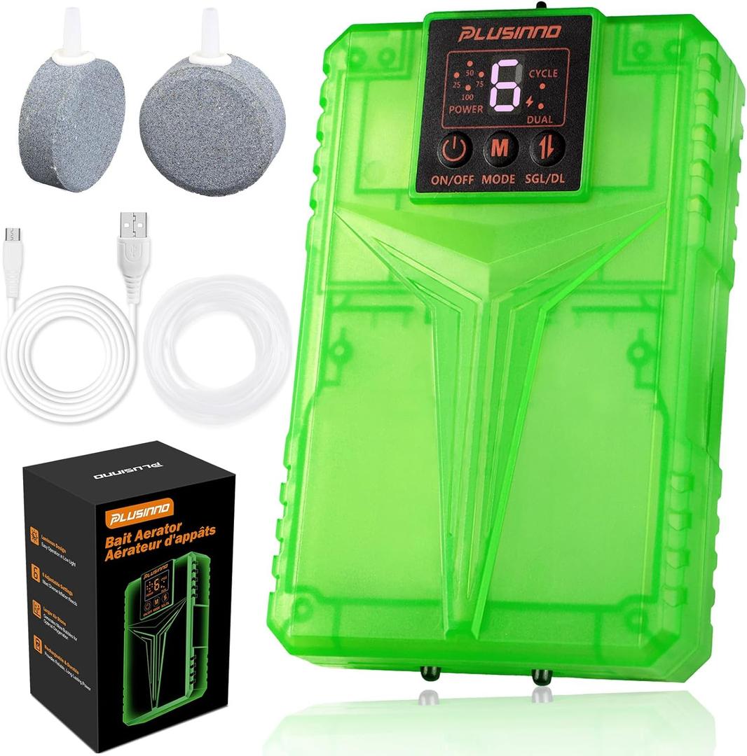 PLUSINNO Rechargeable Aerator for Bait Bucket with 3000mAh Battery, Bait Aerator with XXL Air Stones for Denser Bubbles, 6-Speed Live Bait Aerator for Fish, Portable Outdoor Fishing Gear Accessories