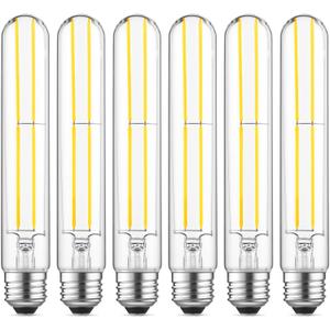 7.3 Inch Long Tubular Vintage LED Edison Bulbs, 6W, Equivalent 60W, High Brightness Daylight 5000K, T10 LED Filament Bulbs with 90+ CRI, E26 Medium Base, Dimmable, Clear Glass, Pack of 6