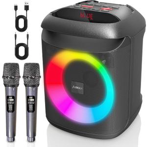 AIMAX Karaoke Machine with 2 Wireless Microphones, 6.5" Portable Bluetooth PA Speaker System for Kids & Adults, RGB Party Lights, Supports TF/USB/AUX, Ideal for Home, Classroom & Outdoor Party, Black