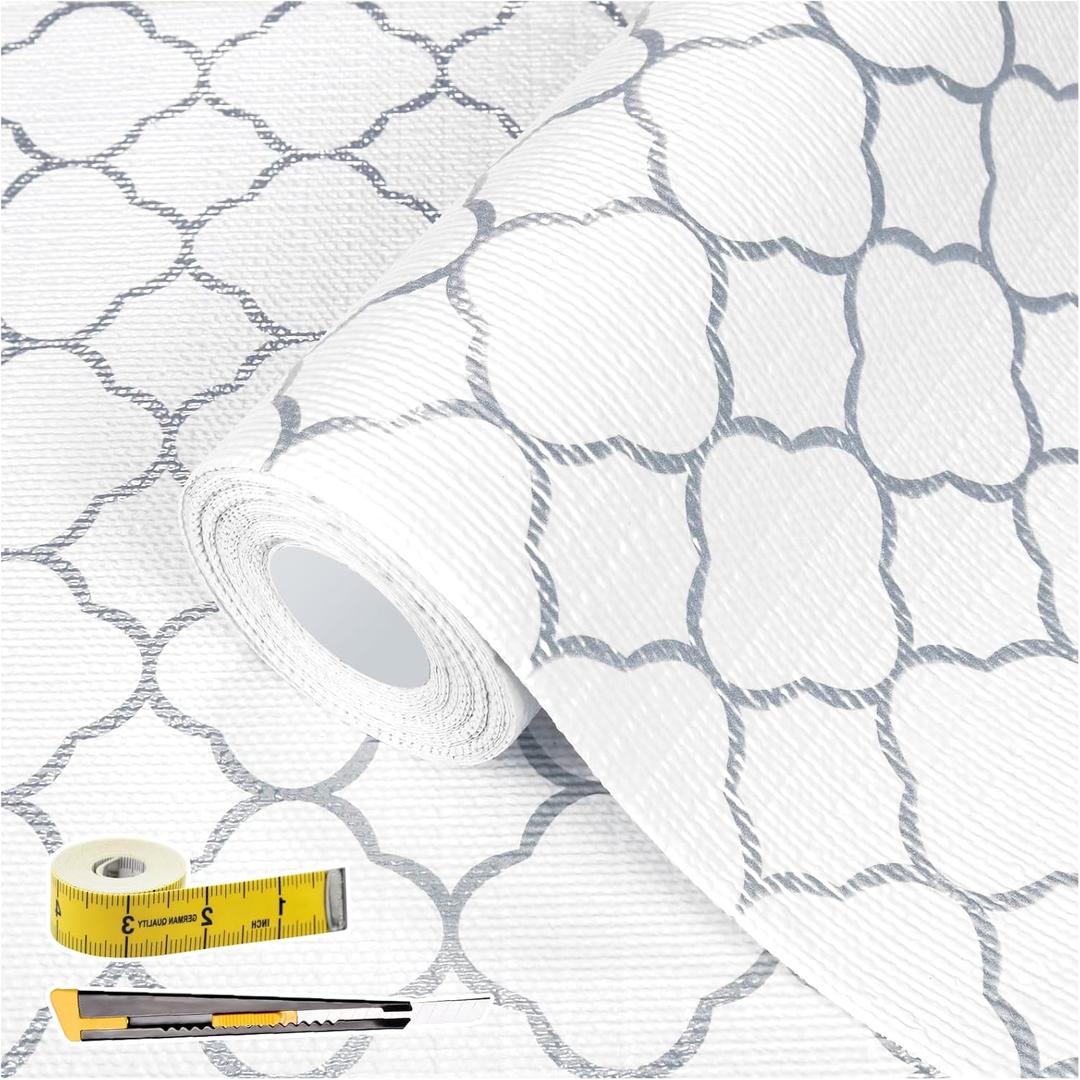 Shelf Drawer Liners for Kitchen Cabinets Non Adhesive Drawer Liner Thickened Refrigerator Liner Silver Quatrefoil Strong Non-Slip Paper for Tool Box with Knife and Tape Measure,11.8 x 118 Inches