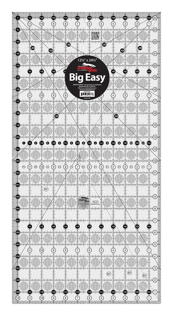 Creative Grids Quilt Ruler 12-1/2in x 24-1/2in Rectangle CGR1224 Made in USA, Non-Slip Grip Acrylic Quilting, Sewing, Crafting, Patchwork Ruler for Measuring & Cutting Fabric