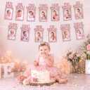 PartyHooman 1st Birthday Photo Banner for Baby from Newborn to 12 Months, 1st Birthday Decorations Girl Monthly Milestones Garland | 1 Year Old First Photo Banner Pre-strung with Frame (Rose Gold)