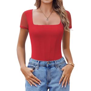Avidlove Women's Short Sleeve Bodysuits Sexy Square Neck Body Suit Mesh Double Lined Tshirt Leotard Tops Going Out (XX-Large, Red)