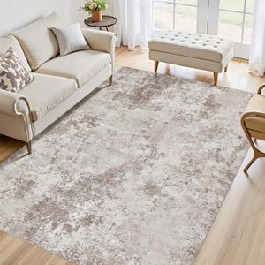 5x7 Washable Living Room Rug: Non-Slip Modern Abstract Area Rug for Bedroom Dining Room, Soft Low Pile Carpet Suitable for Families with Children, Brown