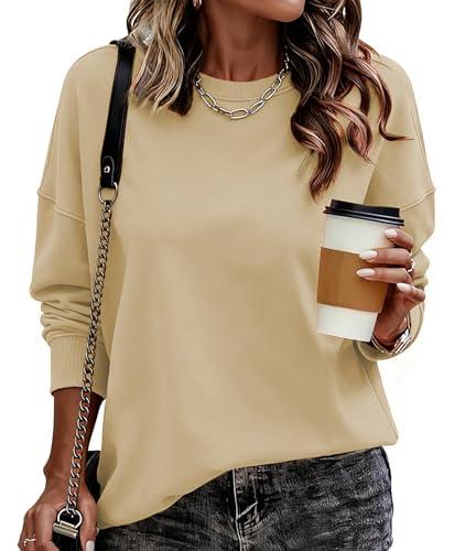 CNFUFEN womens sweatshirt solid color long sleeve oversized crewneck sweatshirts for women fashion fall clothes 2025 womans clothing pullover lightweight casual cute vintage tops beige XL