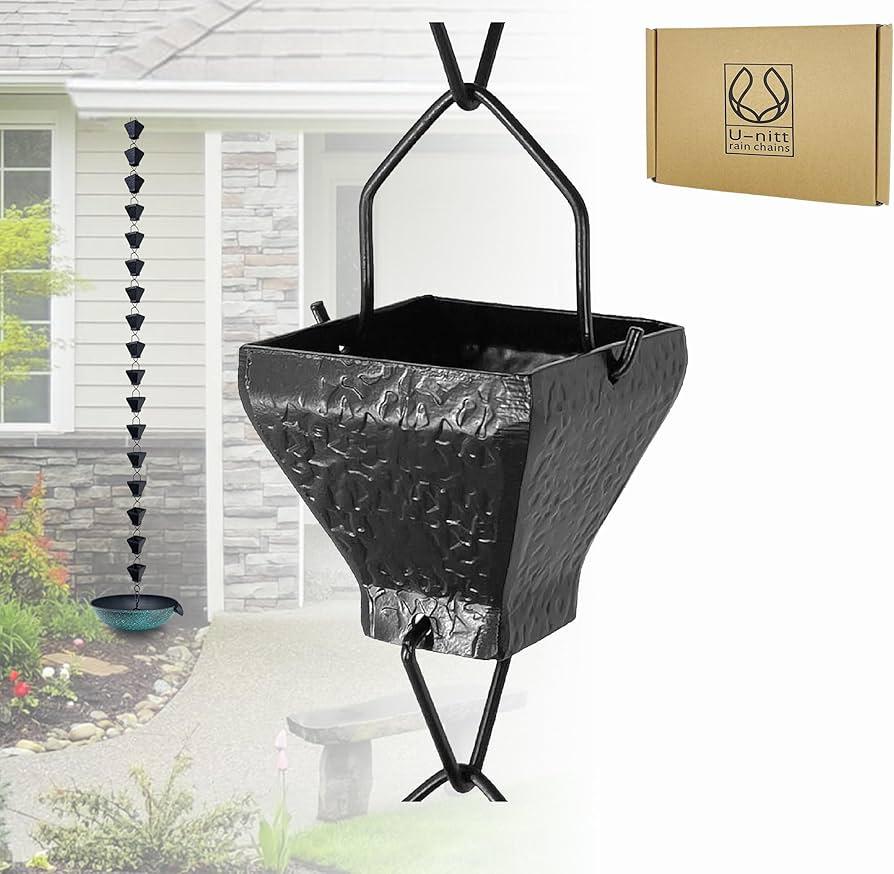 U-nitt Rain Chain Water Collection for Gutters, Rainwater Catcher & Diverter, 8.5 FT Chains for Outside Garden, Black Square Cups, Roof Downspout, Works with Heavy Rain, w/ Gutter Clip for Rainchains