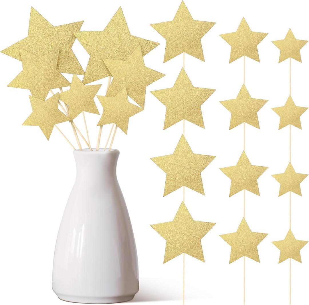42 Pcs Gold Star Centerpieces Sticks Twinkle Glitter Star Table Flower Centerpiece Sticks Golden Cake Toppers for Back to School Wedding Engagement Bridal Baby Shower Party Decorations