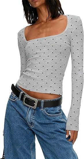 Women Y2k Polka Dot Tops Square Neck Long Sleeve Shirts Slim Fitted Casual Basic Going Out Top (Large, Basic Navy Blue)