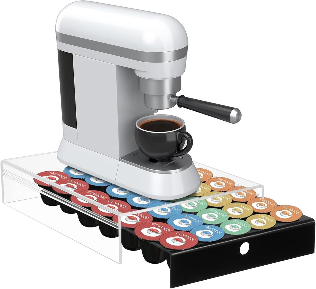 Acrylic Storage Drawer for Espresso Clear Coffee Capsule Organizer Coffee Pod Holder drawer organizer for Coffee Capsule Sliding Organizer for Office or Kitchen Countertop, 35 Pods