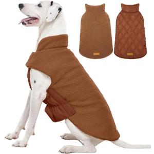 Kuoser Reversible Dog Coat Warm Fleece & Quilted Waterproof Dog Jacket, Double-Sided Cold Weather Dogs Winter Coat with Harness Hole, Windproof Pet Snow Vest , Brown L (Large (Chest: 20.9"-24.4"))