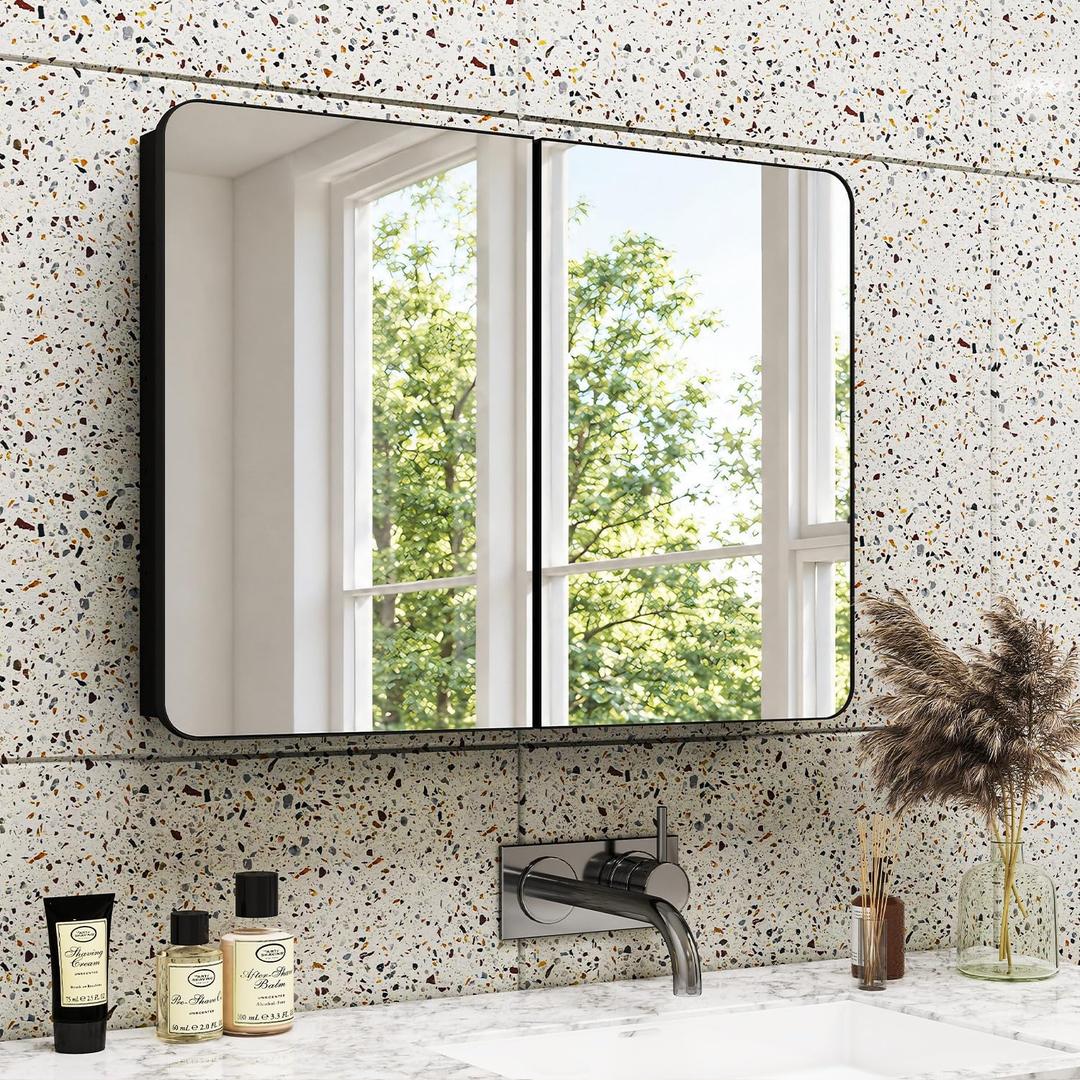 32x24 in Double Door Medicine Cabinet with Mirror, Matte Black