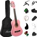 30in Beginner Acoustic Guitar Basic Starter Kit Tuner Bag Capo Strings Winders Strap Picks Student/Kids Guitar Pickguard with Gig Bag Pink