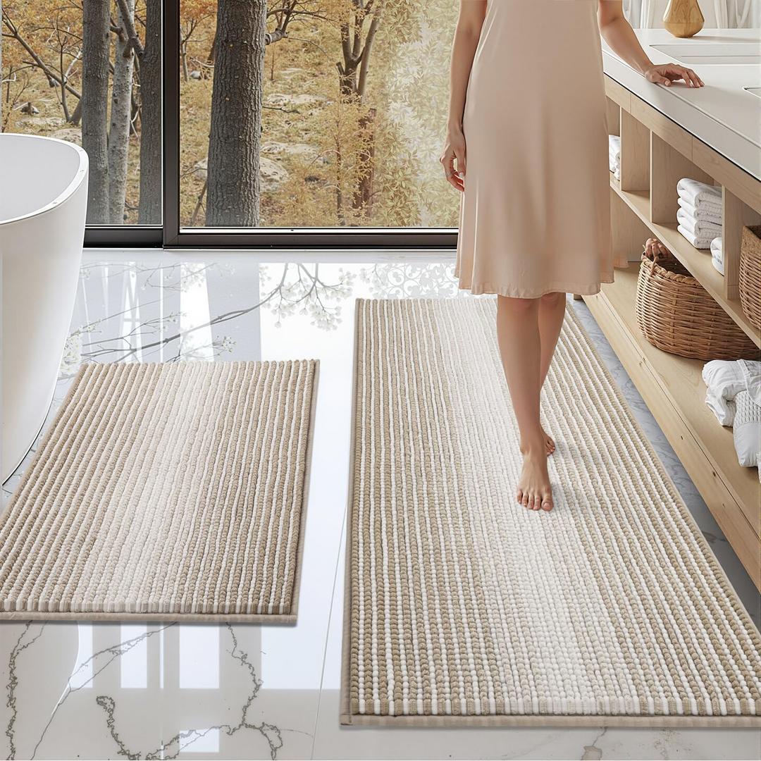 BSICPRO Bathroom Rugs and Mats Sets, 2 Piece Thick Absorbent Chenille Bath Mat Rug Set Non Slip, Soft Shaggy Bath Room Floor Mats for Bathroom, Machine Washable (Light Taupe, 20" x 47" Plus 20" x 32")