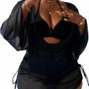 YELAIVP Women's Plus Size Halter String Triangle Bikini Sets 3 Piece Swimsuits with Side Ruched Drawstring Cover Up (Black, XL)