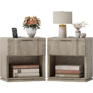Night Stand Set of 2 with Charging Station, Mid Century Modern Wood Nightstand with Drawer, Bedside Table with Storage, Large Rustic Farmhouse Accent End Tables for Bedroom Office (Natural Gray-b)