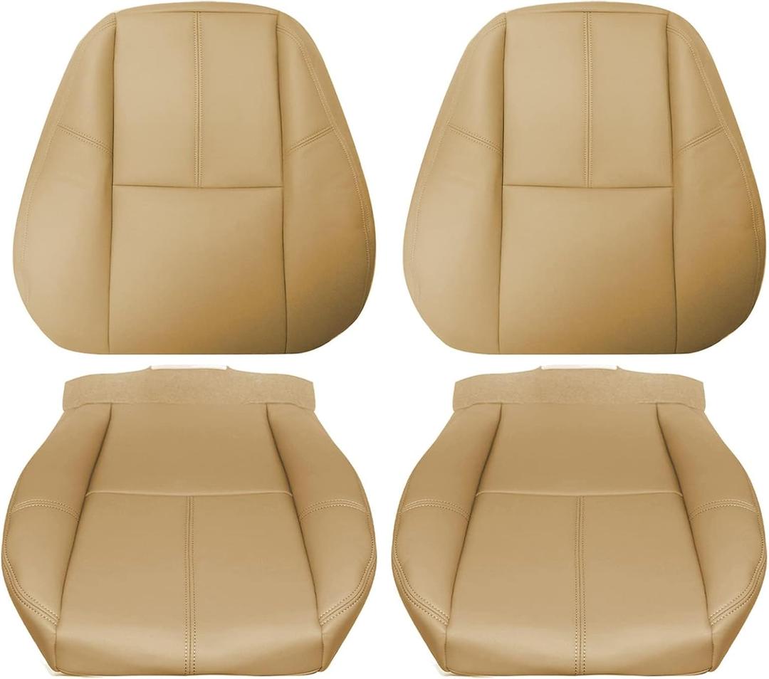 SecosAutoparts Light Tan Front Driver & Passenger Side Bottom & Top Lean Back Replacement Leather Seat Covers Fit for Chevy Silverado Tahoe Suburban Avalanche GMC Sierra 1500 2500 3500HD 2007-2014