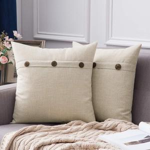 MIULEE Set of 2 Linen Throw Pillow Covers Cushion Case Triple Button Vintage Farmhouse Pillowcase for Couch Sofa Bed 20 x 20 Inch 50 x 50 cm Beige