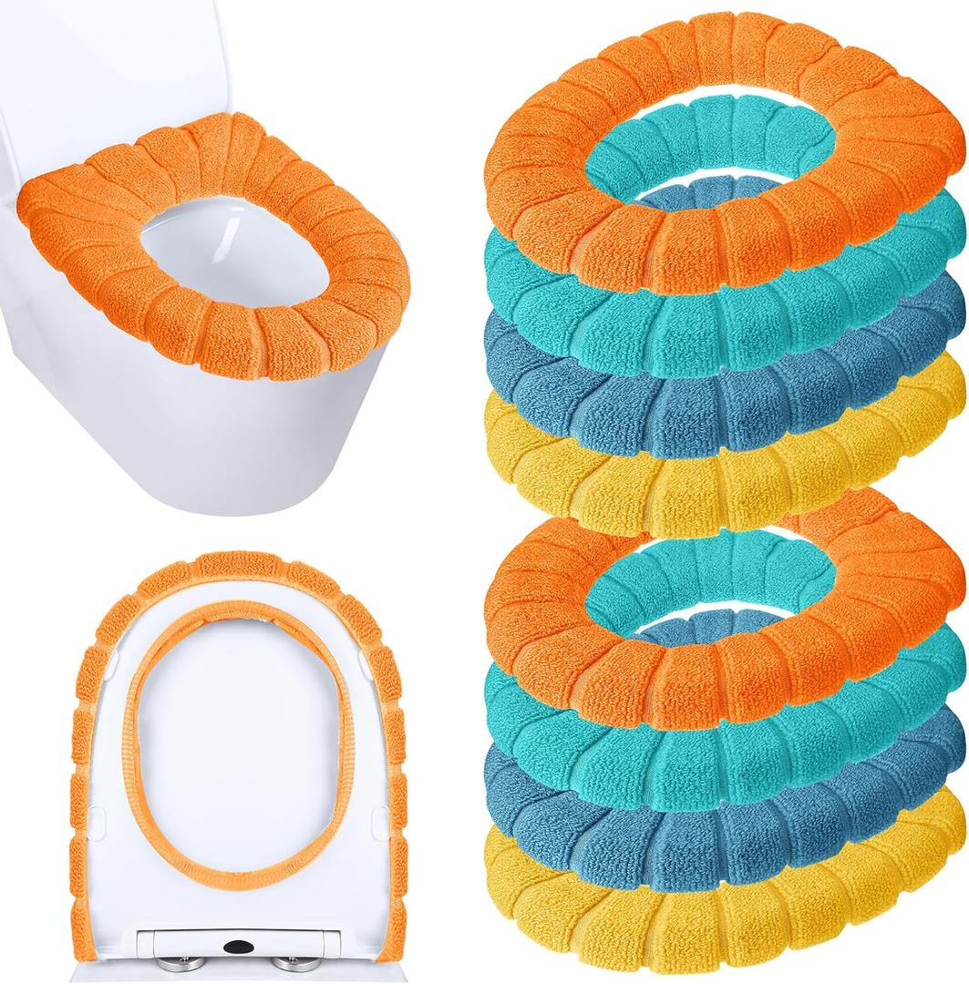 8 Pcs 11.8 Inch Thicker Bathroom Toilet Seat Cover Pads Soft Comfortable Toilet Seat Cushion Cover Stretchable Toilet Seat Warmer Easy Installation Cushioned Lid Covers (Yellow, Blue, Green, Orange)