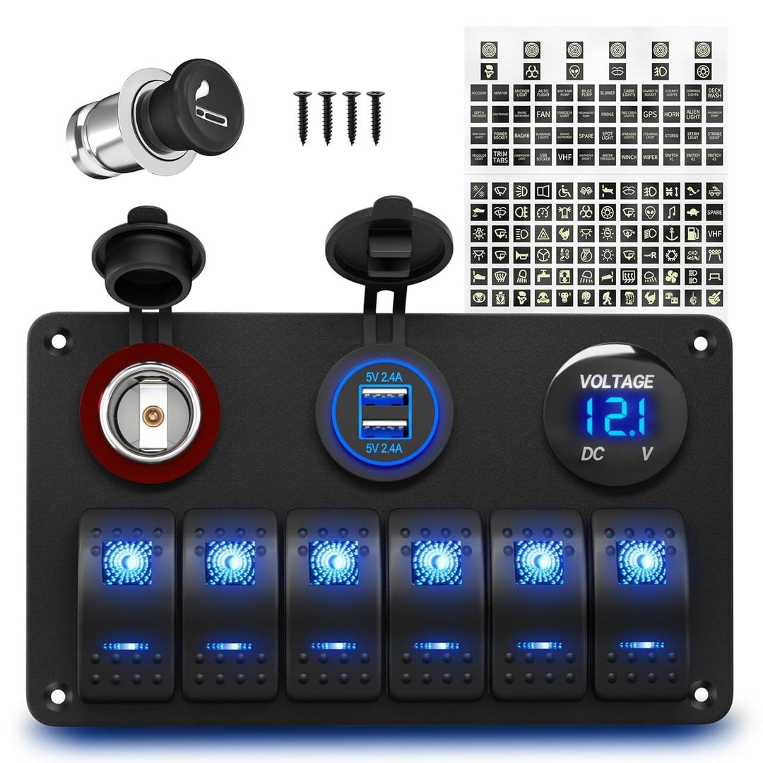 6 Gang Marine Switch Panel Boat Switch Panel Waterproof 12V Rocker Switch Panel Blue LED Lighted with USB Cigarette Lighter Socket Voltmeter