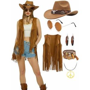 3 PC Cowgirl Western Outfits for Women Retro Cowgirl Costumes Fringe Vest Cow Girl Hat for Women Country 70s Hippie Outits, Size L