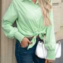 OMSJ Womens Striped Button Down Shirts Smocked Cuffed Sleeve Stylish Collared Office Work Blouses with Pocket (XL)