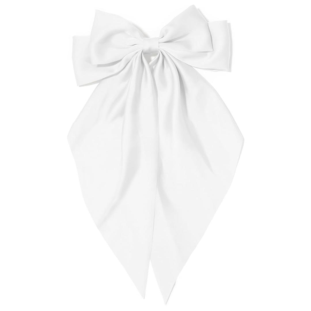 Hair Bow Clip for Women - White Silky Satin Hair Bow Hair Clips Long Tail Cute Hair Ribbon Coquette Bows Barrettes for Girls