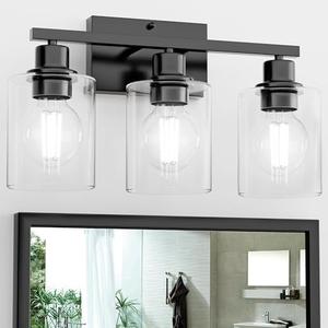 Black Bathroom Lights Over Mirror, Anti-Rust 2 Light Vanity Lighting Fixture for Bathroom, Modern 18Inches Wall Sconce Light for Living Room, Standard E26 Base, Clear Glass Shades, Bulbs Not Included Black