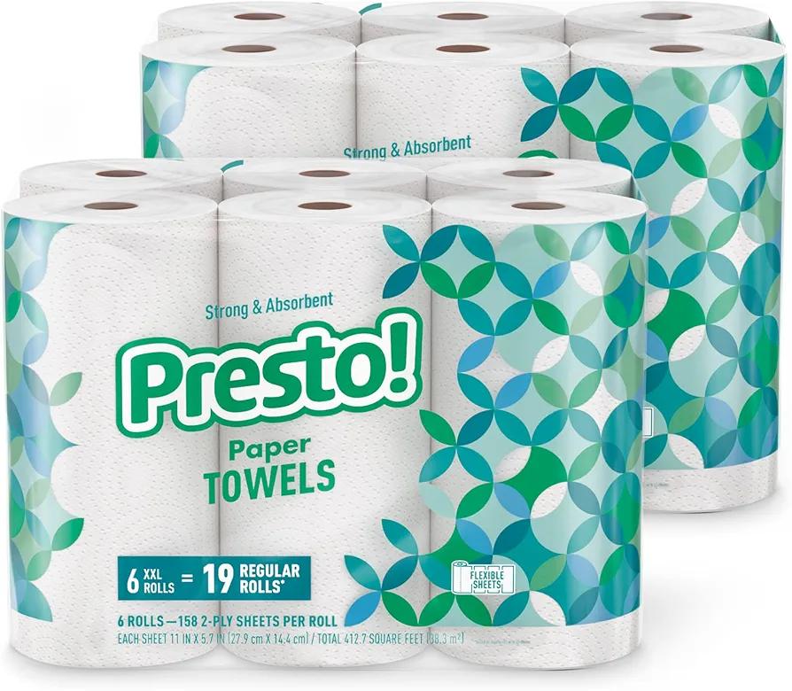 Amazon Brand - Presto! Flex-a-Size Paper Towels, 158 Sheet Huge Roll, 12 Rolls (2 Packs of 6), Equivalent to 38 Regular Rolls, White