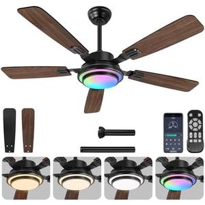 OUTON 52" Ceiling Fan with Light, Remote & APP Control, Low Profile RGB Ceiling Fans Light, Reversible, 6 Speeds, 3000-6500K Stepless Dimming, Modern Ceiling Fan for Bedroom Indoor/Outdoor Use Walnut
