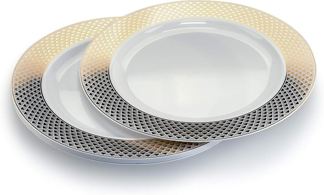 " OCCASIONS" 40 PACK, Extra Heavyweight Disposable Wedding Party Plastic Plates/Chargers/Serving Tray (Extra Large Dinner Plate/Charger, Celebration White/Gold) …