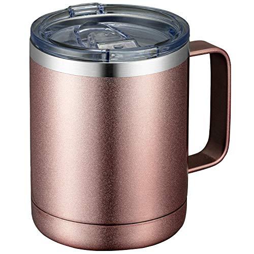 MEWAY 12oz Coffee Mug With Handle and Sliding Lid,Stainless Steel Travel Tumbler Cup with Handle,Double Wall Vacuum Insulated Camping Cup for Hot & Cold Drinks Tea (Rose Gold,Set of 1