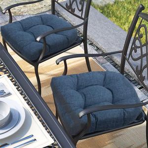 Magpie Fabrics Outdoor/Indoor Tufted Seat Cushion with Ties Set of 2, 19"x19" Waterproof Patio Chair Pads Tatami Floor Pillow for Dining Garden Balcony Office Decor (Denim Blue)