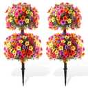 Daifunli 28 Inch Set of 2 Artificial Flowers Topiary Tree Double Ball Boxwood with Spikes for Outdoor UV Resistant Faux Shrubs, Realistic Fake Bushes for Garden Front Porch Patio Decor (Colorful)