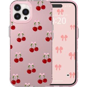 for iPhone 16 Pro Case Cute Ribbon Bow Cherry Aesthetic Pattern Case for Women Girls, Girly Trendy Glossy Slim Shockproof Protective Bumper Cover, Big Cherries/Pink