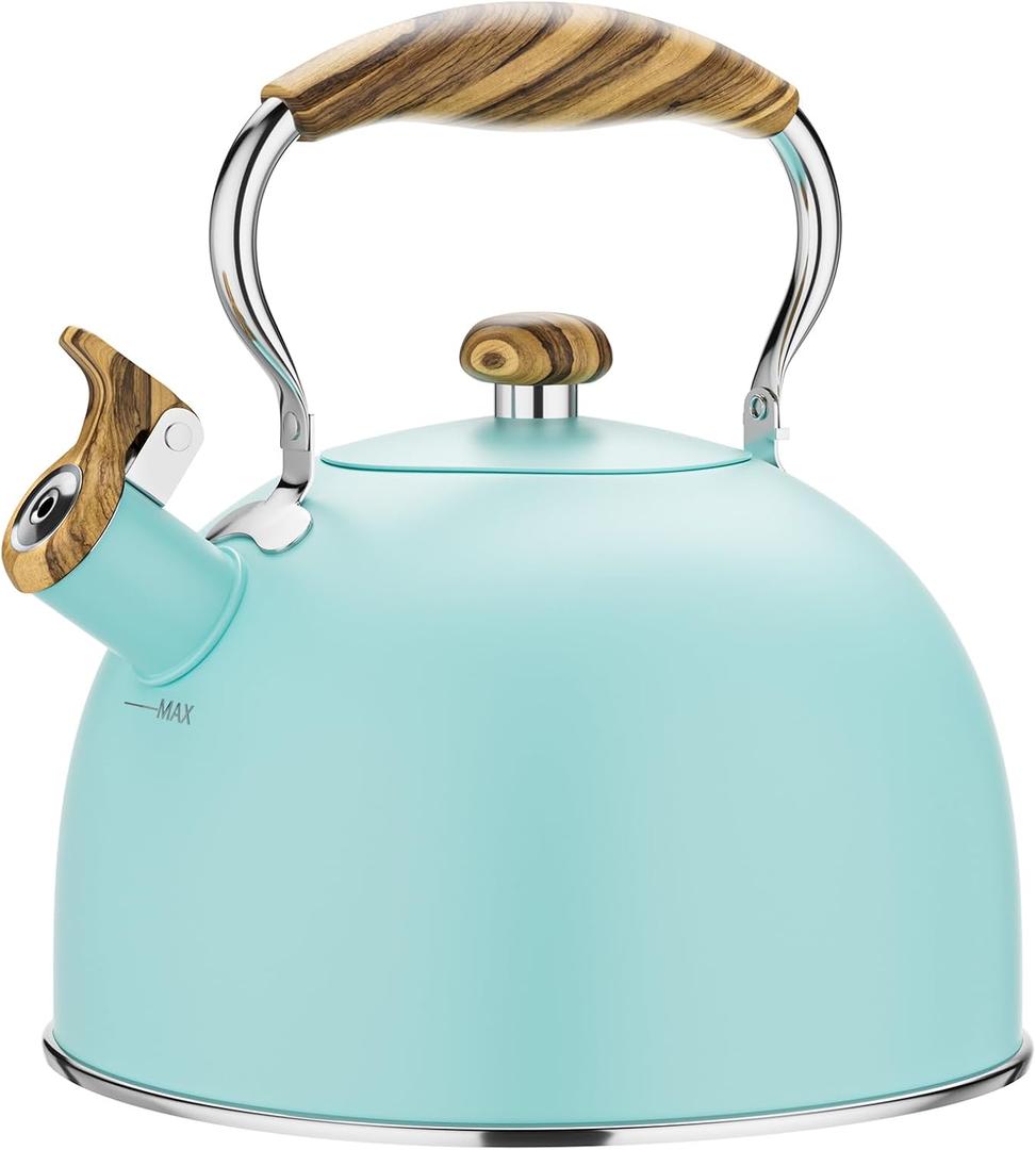 2.6 Quart Tea Kettle Stovetop Whistling for Stove Top, Food Grade Stainless Steel Tea Kettles with Cool Wood Pattern Handle, Blue