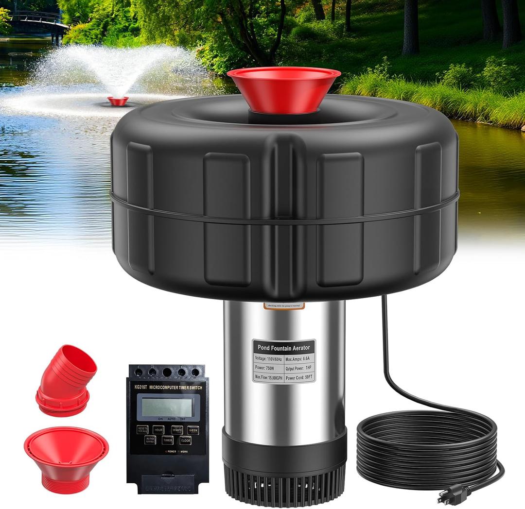 Pond Fountain Pump for Outdoor Pond 1HP 750W 15000 GPH Submersible, 360 Circulation & Oxygenation, Dual Spray, Garden, Backyard, Fish Pond, Irrigation