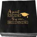 A Sweet Ending to A New Beginning Paper Cocktail Napkins, 50 Pcs Black & Gold Class of 2025 Graduation Party Decorations for High School College University Grad, The Adventure Begins/Continues, 3 Ply