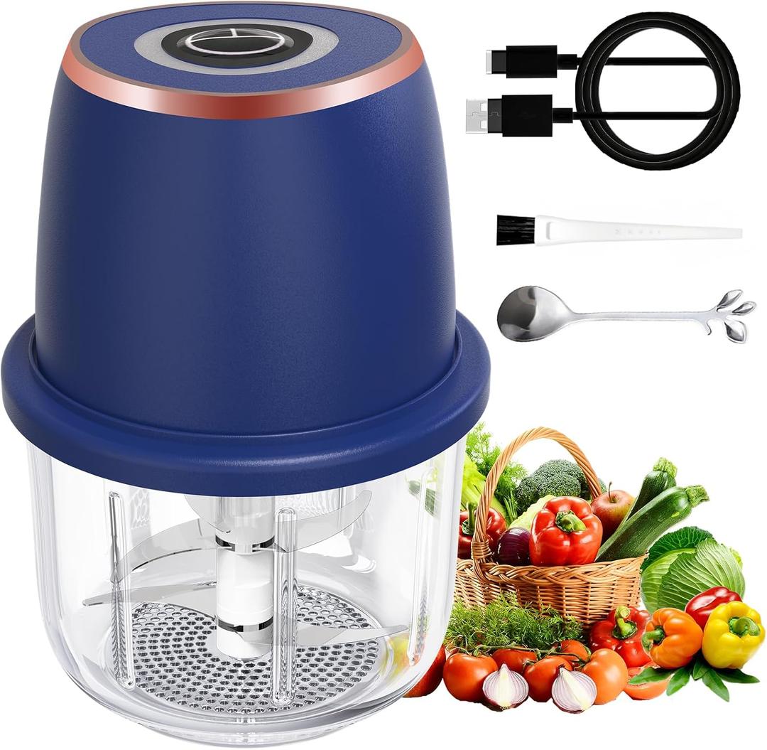 Electric Garlic Chopper, Mini Food Processor & Vegetable Chopper, 350ml Portable Cordless USB Rechargeable Garlic Chopper, Powerful Chopper for Onion, Herb, Nut, Easy to Clean Glass ContainerBlue