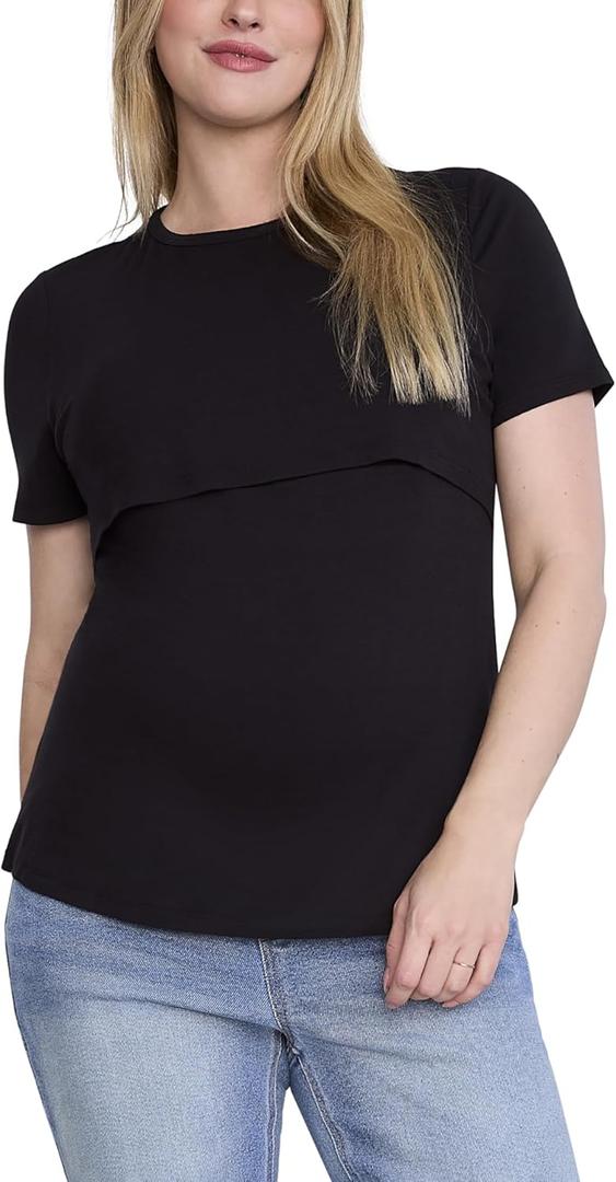 Motherhood Maternity Women's Short Sleeve Crew Neck Nursing Tee Shirt for Breastfeeding with Easy Access (Small, Black)